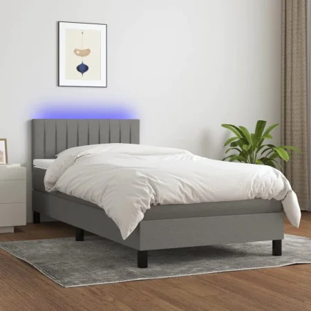 Box spring bed mattress and LED lights dark gray fabric 90x190 cm by vidaXL, Beds and slatted bases - Ref: Foro24-3133278, Pr...