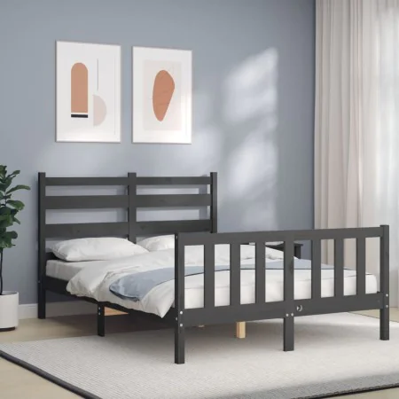 Gray solid wood bed frame with headboard 140x200 cm by vidaXL, Beds and slatted bases - Ref: Foro24-3192038, Price: 156,62 €,...