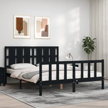 Double bed frame with black solid wood headboard by vidaXL, Beds and slatted bases - Ref: Foro24-3192240, Price: 193,39 €, Di...