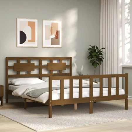 Double bed frame with honey brown wooden headboard by vidaXL, Beds and slatted bases - Ref: Foro24-3192564, Price: 167,44 €, ...