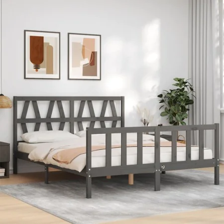 Double bed frame with gray solid wood headboard by vidaXL, Beds and slatted bases - Ref: Foro24-3192498, Price: 168,52 €, Dis...