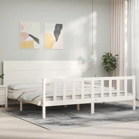 White solid wood bed frame with headboard 200x200 cm by vidaXL, Beds and slatted bases - Ref: Foro24-3192772, Price: 216,18 €...