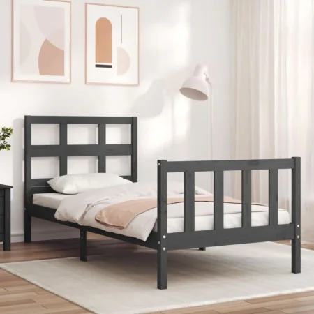 Gray solid wood bed frame with headboard by vidaXL, Beds and slatted bases - Ref: Foro24-3192978, Price: 97,99 €, Discount: %