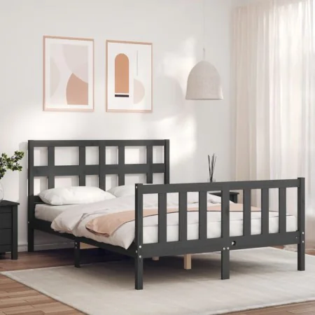 Double bed frame with gray solid wood headboard by vidaXL, Beds and slatted bases - Ref: Foro24-3192983, Price: 152,68 €, Dis...