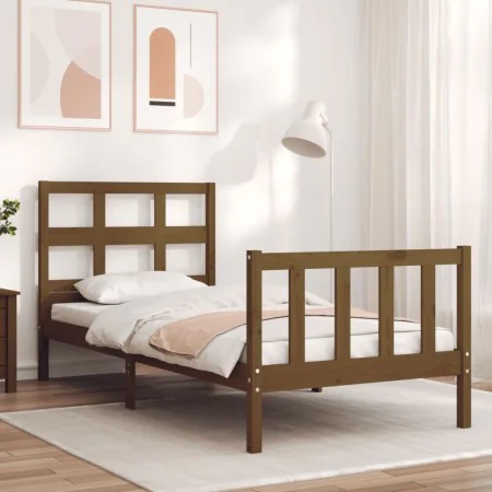 Honey brown solid wood bed frame with headboard by vidaXL, Beds and slatted bases - Ref: Foro24-3192979, Price: 139,38 €, Dis...