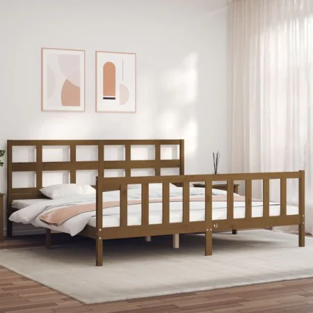 Honey brown solid wood bed frame with headboard by vidaXL, Beds and slatted bases - Ref: Foro24-3193029, Price: 170,34 €, Dis...