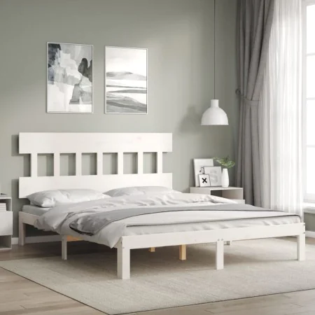 White solid wood bed frame with headboard 160x200 cm by vidaXL, Beds and slatted bases - Ref: Foro24-3193607, Price: 147,18 €...