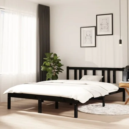 Black solid wood double bed frame 135x190 cm by vidaXL, Beds and slatted bases - Ref: Foro24-814863, Price: 119,58 €, Discoun...